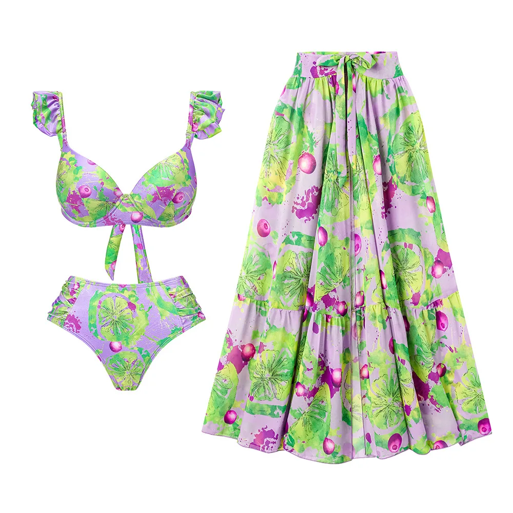 

Women Swimsuits Multicolored Fruit Print Slimming Swimsuit Paired with a Skirt