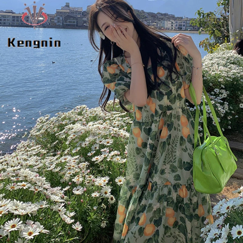 

Loose Beach Chic Women Dress Chiffon 2022 Summer Dresses Oversize 4XL Light Lady Vestidos Print Floral Hollow Out Robe KE2457