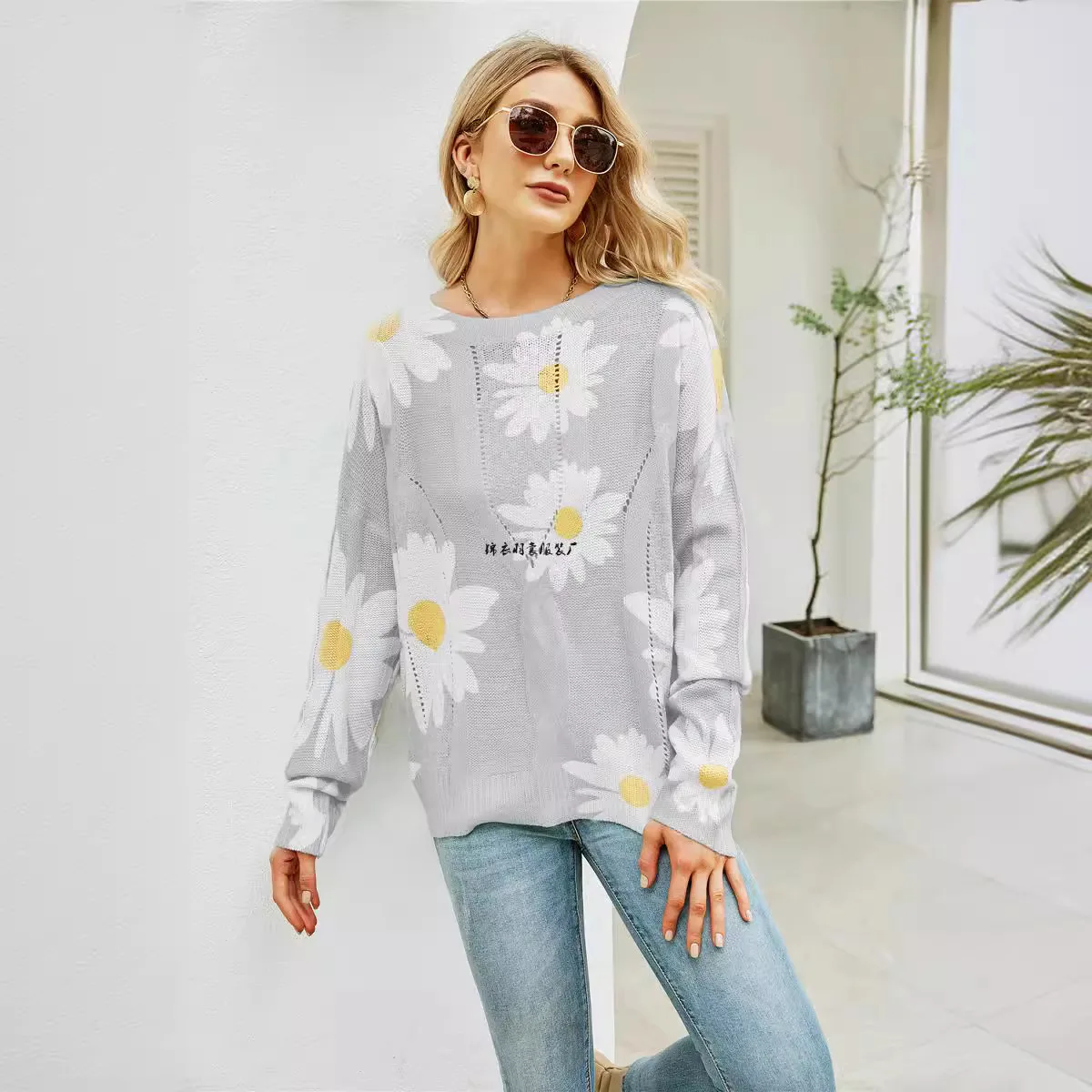 Фото Топ Y2k Pull Femme Женская одежда Цветочный полый модный универсальный свитер с круглым вырезом и длинными рукавами Prendas De Punto Nuevas №1