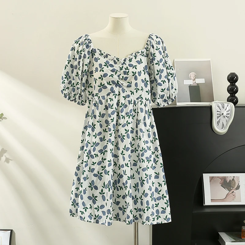 

French Sweet Floral Bodycon Dress Women 2023 Summer New Puff Sleeve Square Collar Casual A-line Beach Dresses Women