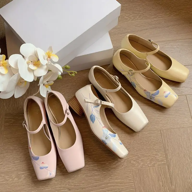 Size 33-40 Natural Genuine Leather Women Heels Shoes Print Designs Birthday Party Wedding Shoes Fashion High Heel Shoes