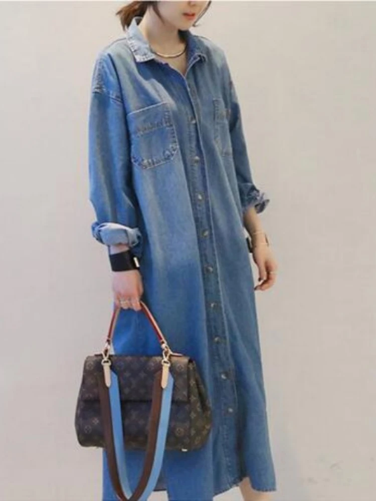 

Женское джинсовое платье-рубашка, Длинное свободное платье-Тренч оверсайз с разрезом и длинным рукавом, одежда для улицы, весна-осень 2023