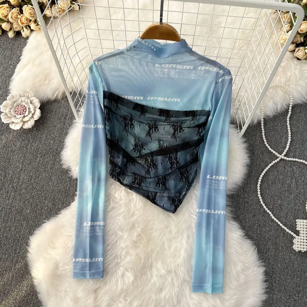 Фото Эстетика Ретро Нерегулярная кружевная футболка из двух частей Spice Girl Cop Top с длинными рукавами и солнцезащитным кремом из сетки с надписью №5