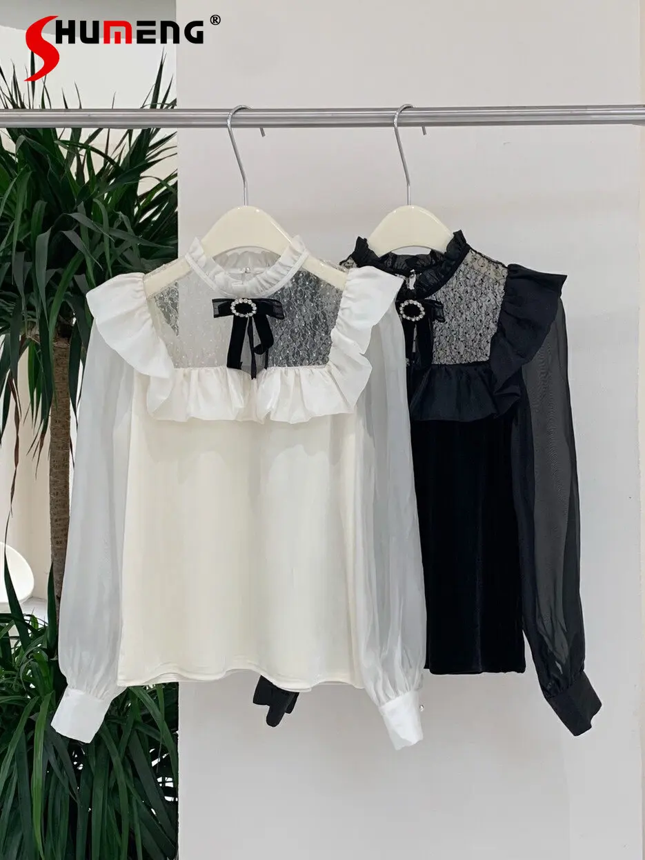 

French Style Romantic Flower Fairy Court Style Blouses Top Women's Fashion Elegant Simple Dot Mesh Bow Tie Chiffon Shirt Top