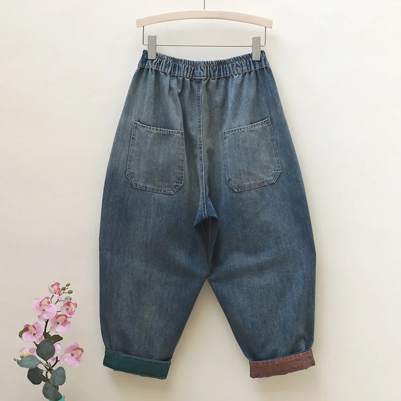 2023 New Baggy Pants Trousers Cartoon Patch Jeans Women's Clothes Elastic Waist Contrast Color Curling Small Cropped Harem Pants