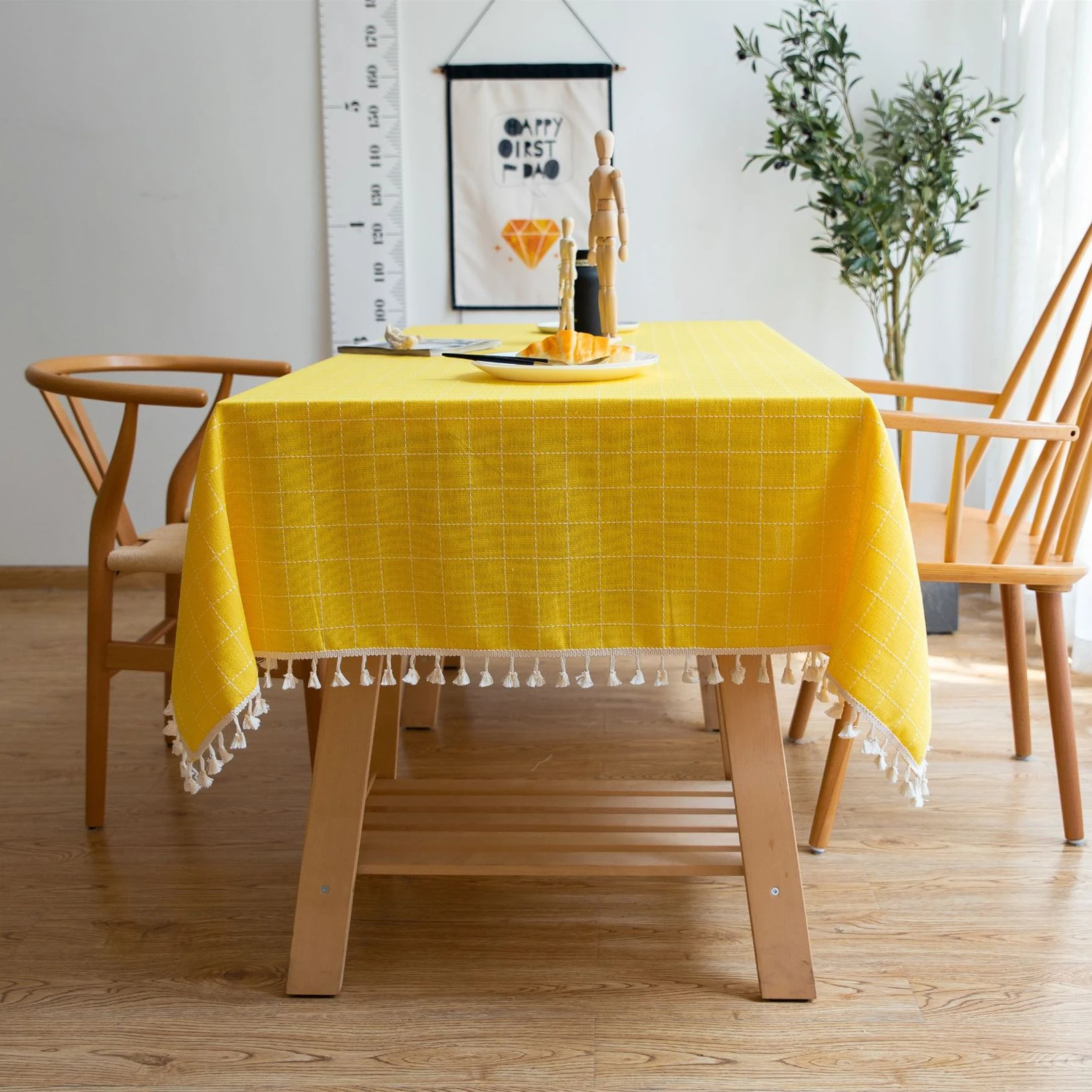 

Nordic Home Dining Table Cloth Yellow Striped Plaid Tassel Hem Washable Cotton Linen Rectangle Tablecloth Wedding Party Decor