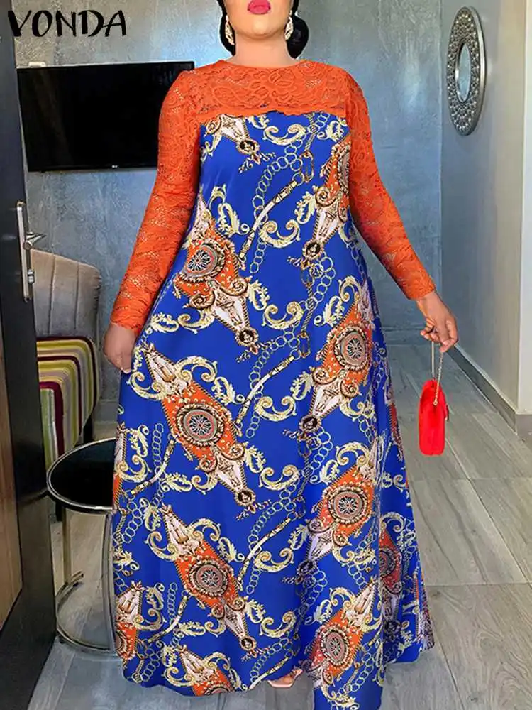 

Богемное кружевное платье VONDA 2022 осеннее женское праздничное платье с принтом и круглым вырезом вечернее женское кружевное Лоскутное Плать...