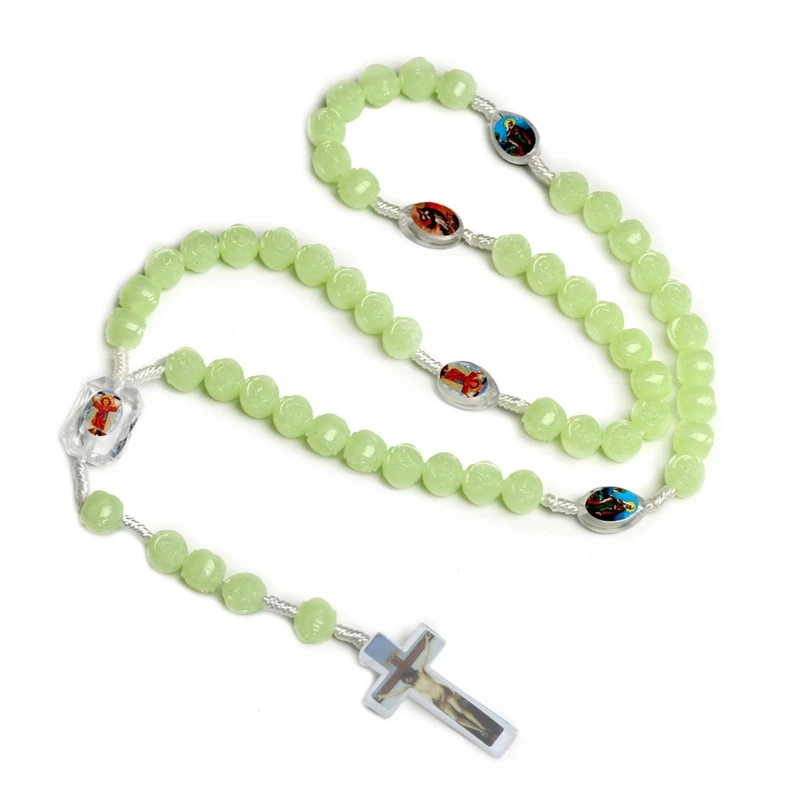 

Glow in Dark Cross Rosary Necklace Hangable Pendant Crafts Round Bead Chain for Christmas Party Church