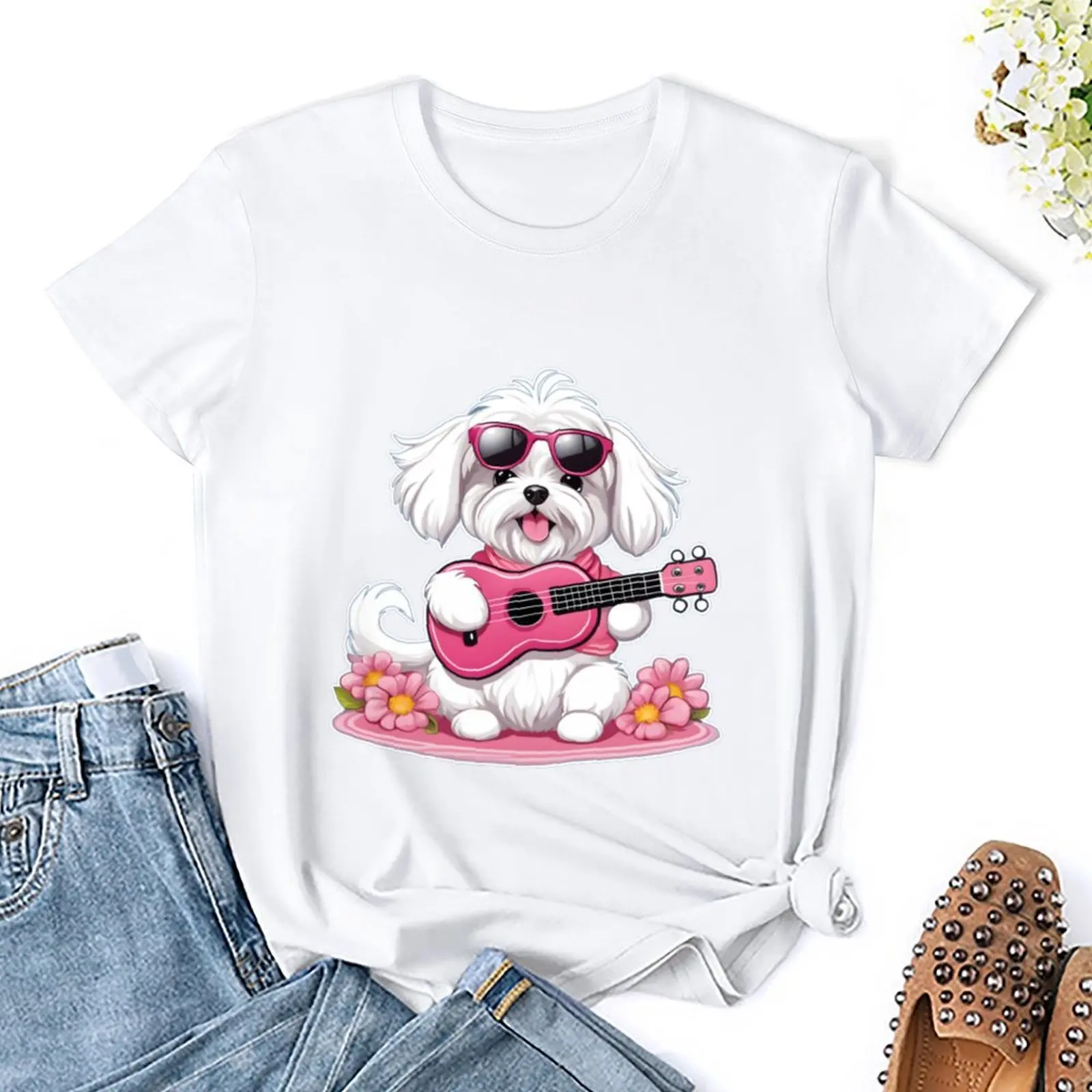 Милая Детская Мальтийская футболка с розовыми оттенками и гитарой милая одежда