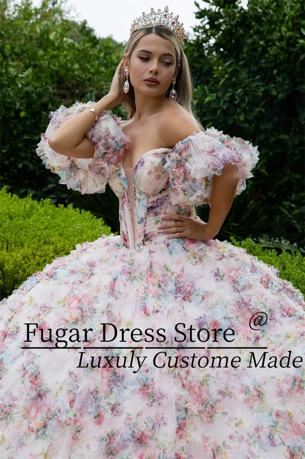 Фото Модные светло-розовые платья Quinceanera с цветочным принтом, длинное платье с открытыми плечами и плиссированная юбка трапециевидной формы, вращающиеся платья для Niñ №3