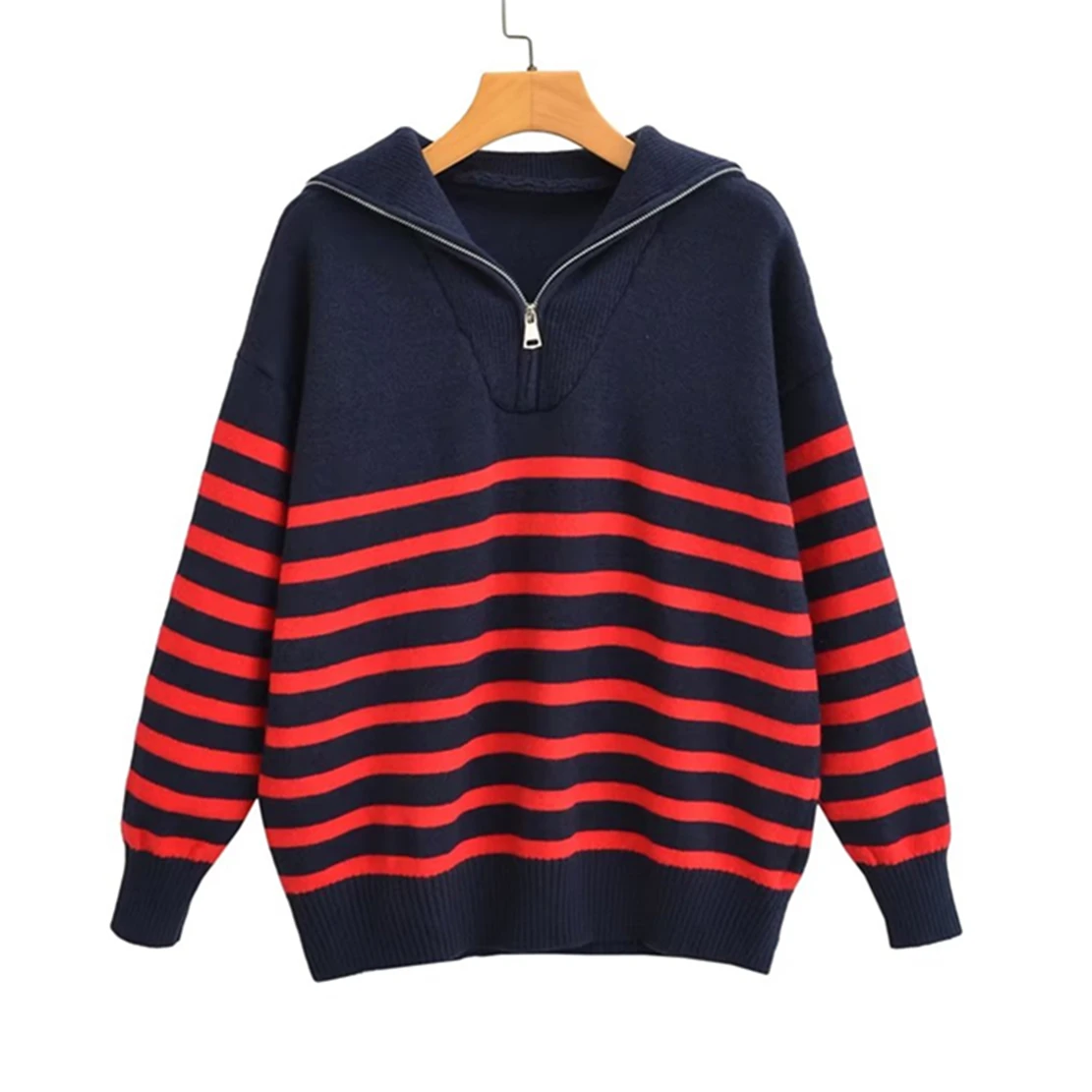 

Jenny&Dave Vintage Peter Pan Collar Zippers Striped Pullovers Tops Casual Sweaters Women
