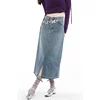 Spring Women Blue Denim Half Body Skirt High Waist Slit Casual Korean Mid Length Baggy Vintage Straight Female Denim Long Skirt 5