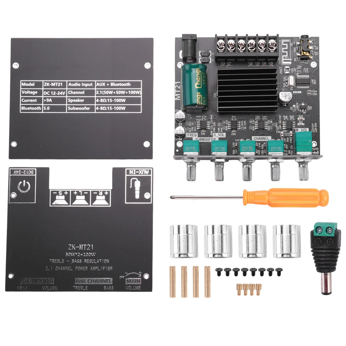 

ZK-MT21 2.1-Channel BT5.0+AUX Digital Power Amplifier Board Module TPA3116 50Wx2+100W High-Power Stereo Power Amplifier