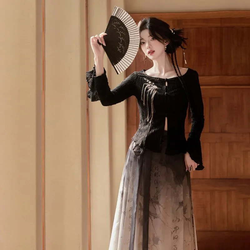 Весна 2024 черный топ Miiiix с круглым вырезом женская новая улучшенная длинная юбка