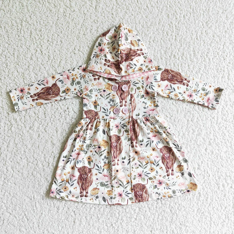 Baby Girl Western Cow Flower Twirl Dress Coat Long Sleeve Floral Button Kid Hoodie Clothing Children Infant Toddler New Clothes