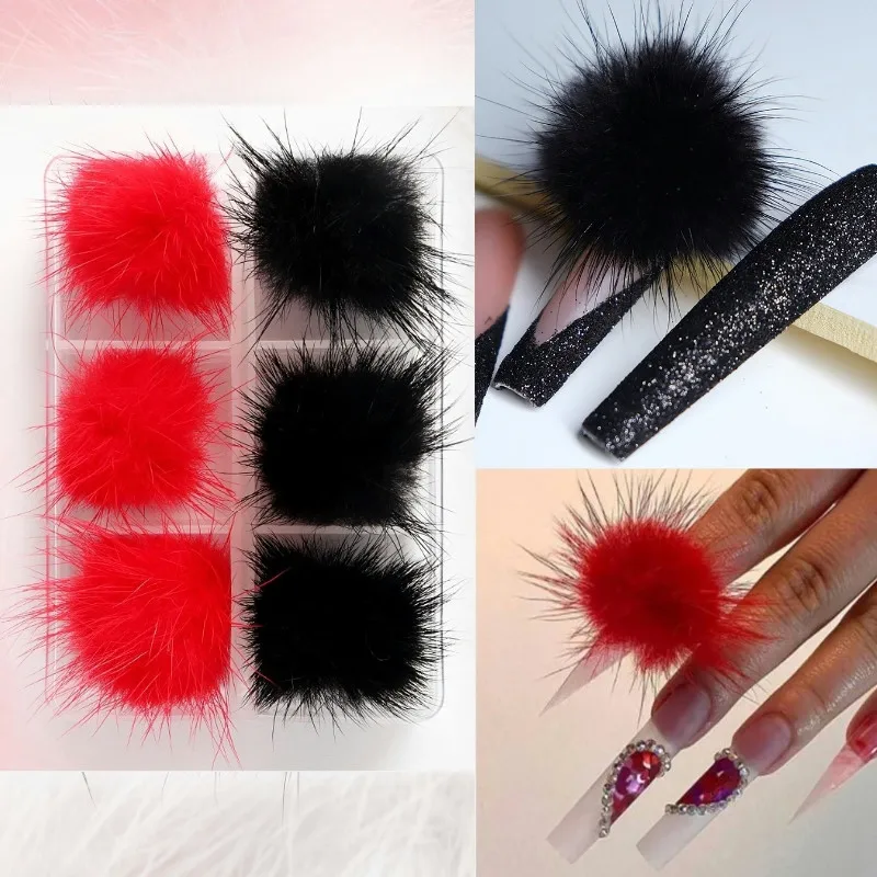 

6Pcs Nail Charms Pompoms Balls Winter Decoration Plush Ball Love Heart Detachable Reusable DIY Kawaii Nails Accessories Supplies