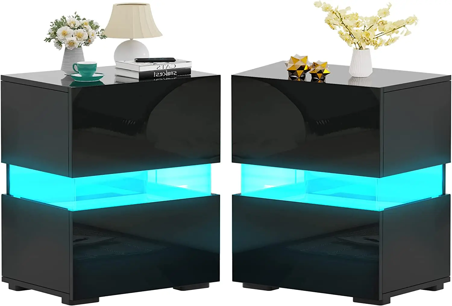 

LED Nightstands Set of 2, 23.7''H LED Night Stands, High Gloss Drawers, Bed Side Tables with LED Lights, Remote, Tall Modern Nig