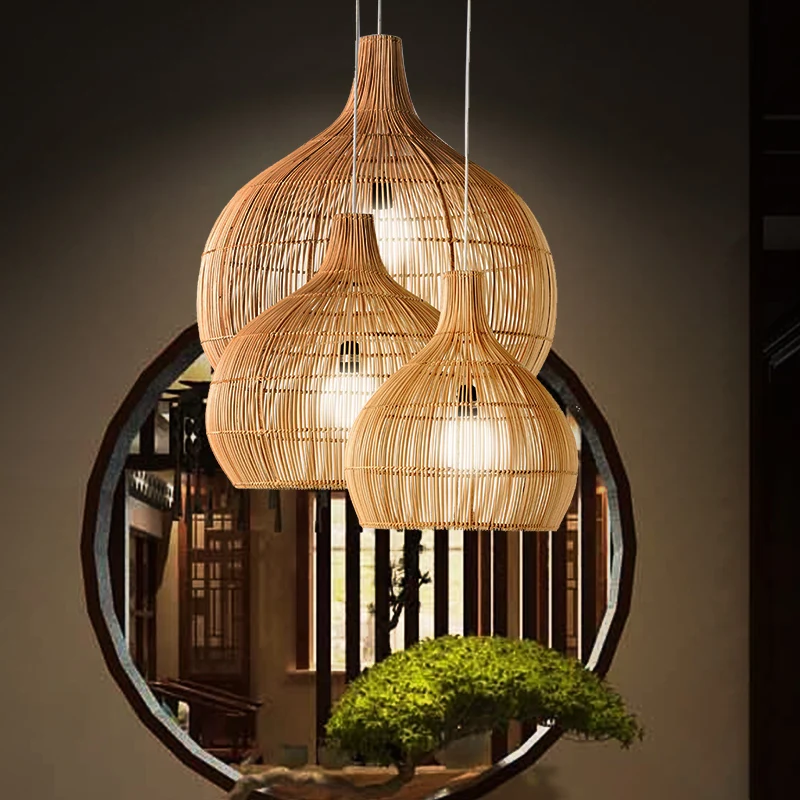 Japanese Rattan Pendant Lights Southeast Asia Rattan Chandelier Restaurant Living Room Bedroom Retro Rattan Art Suspension E27