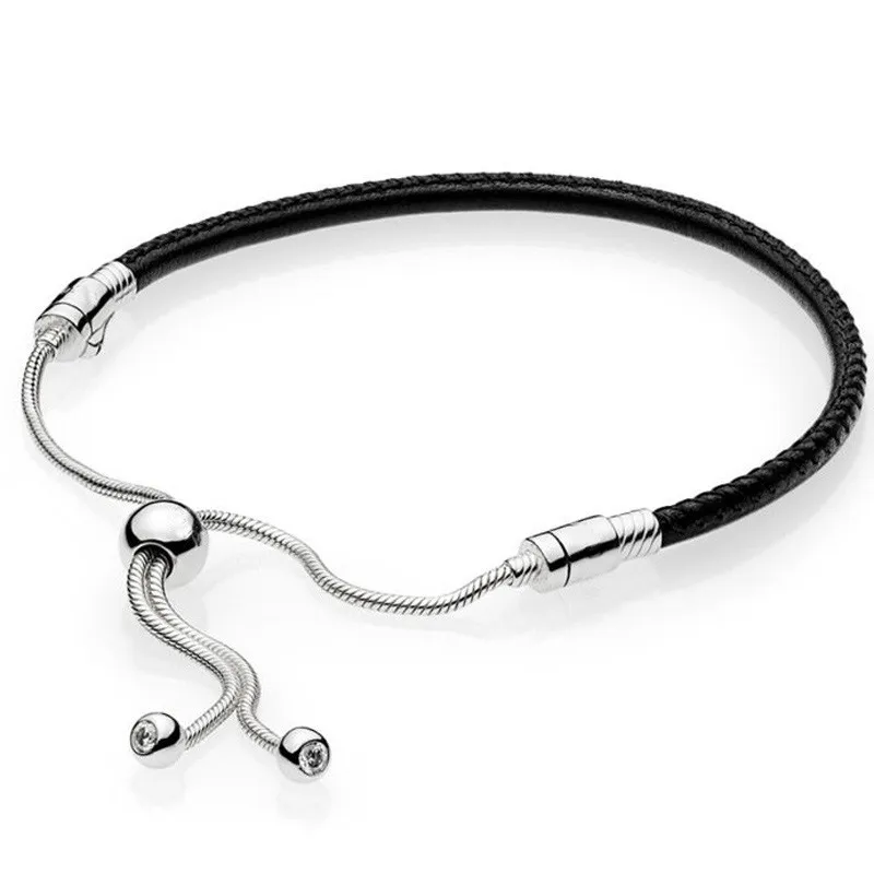 

Authentic 925 Sterling Silver Moments Leather With Adjustable Sliding Clasp Bracelet Bangle Fit Bead Charm Diy Fashion Jewelry