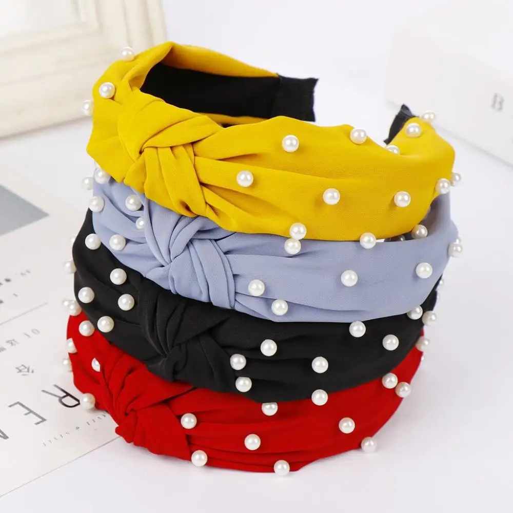 

Women Girl Bowknot Wide Fabric Knotted Pearl Head Hoop Headband Hairband