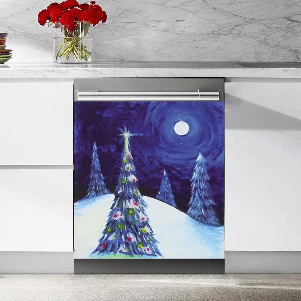 

Dishwasher Cover Magnetic Sticker Snow Mountain Christmas Tree Night Moon Art Painting Kitchen Decorative for Washers Fridge Dec