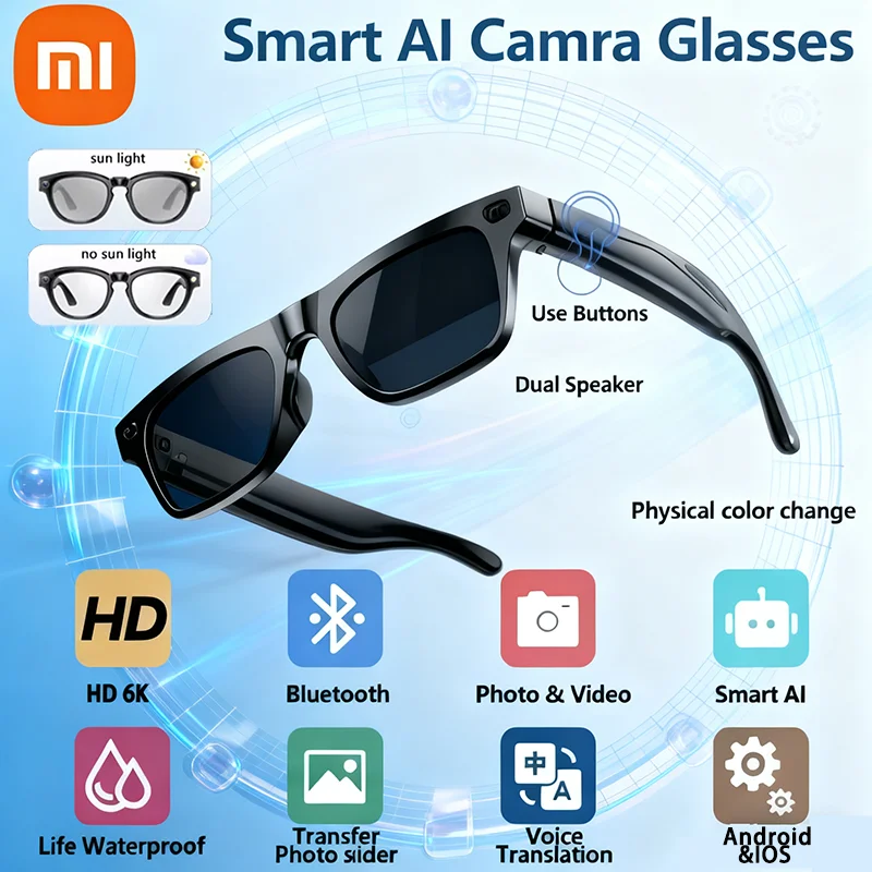 Фото Xiaomi 2026 Новые 8K HD AI Смарт-очки 100 МП Камера Bluetooth Вызов 260 мАч Чат GPT Батарея Голосовой помощник Контрольные солнцезащитные очки №1