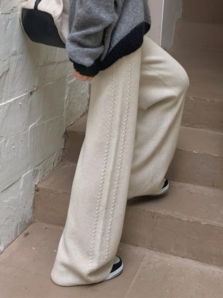 

Women Pants Casual Warm Loose Knitted Wide Leg Pants High Waist Soft Waxy Comfortable Fashion Straight Trousers for Women 2022