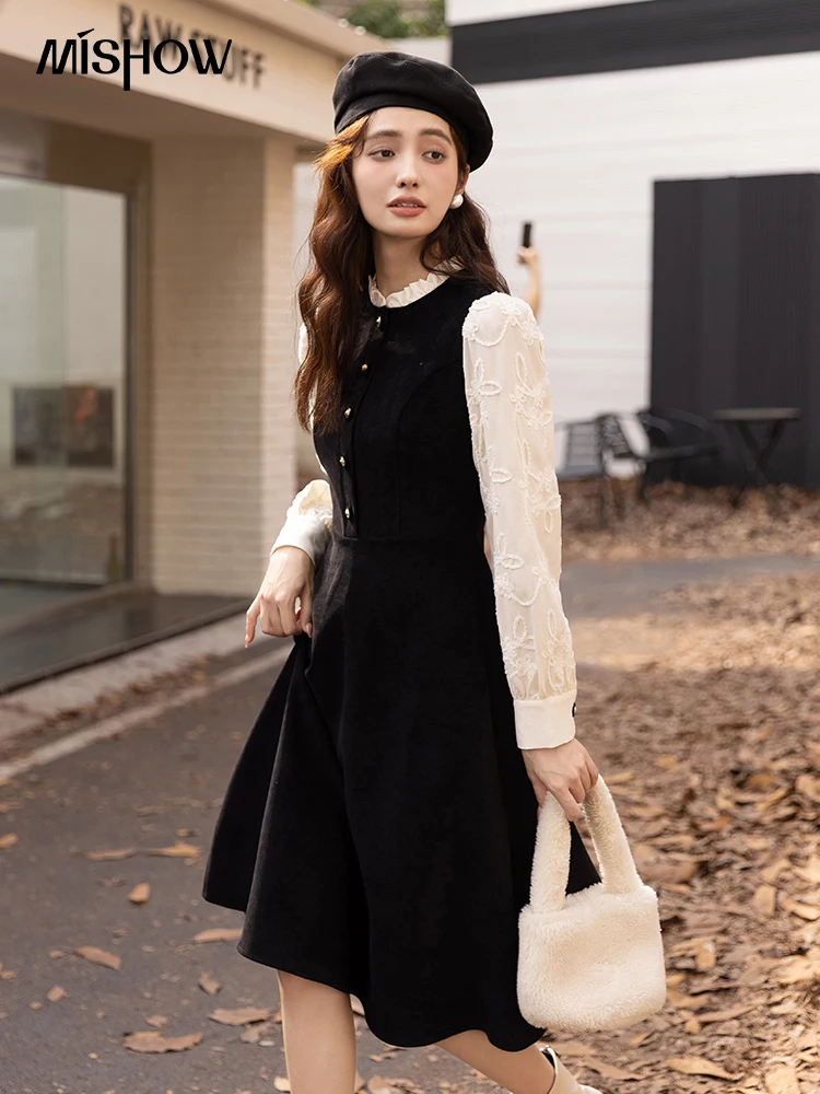 MISHOW Autumn Winter 2022 Dress for Women French Long Sleeve Edible Tree Fungus Neck Button Woman A-LINE Midi Dresses MXB46L1284