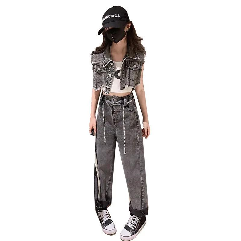 

Детская летняя короткая куртка с отложным воротником и потертостями + джинсовые брюки, модная уличная одежда из 2 предметов для девочек 4-14 лет