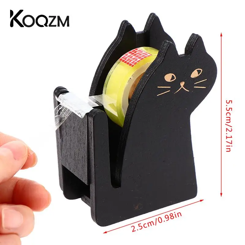 Vintage Wooden Tape Dispenser Cute Cartoon Cat Roller Tape Cutter Sealing Washi Tape Holder Manual Packing Tool Office Accessory images - 6