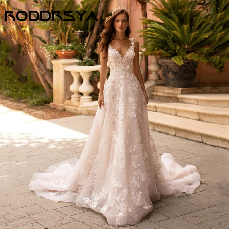 

RODDRSYA Romantic Tulle Applique Wedding Dress Elegant Spaghetti Strap Sleeveless Brautkleid Sexy V-Neck Backless Bridal Gowns