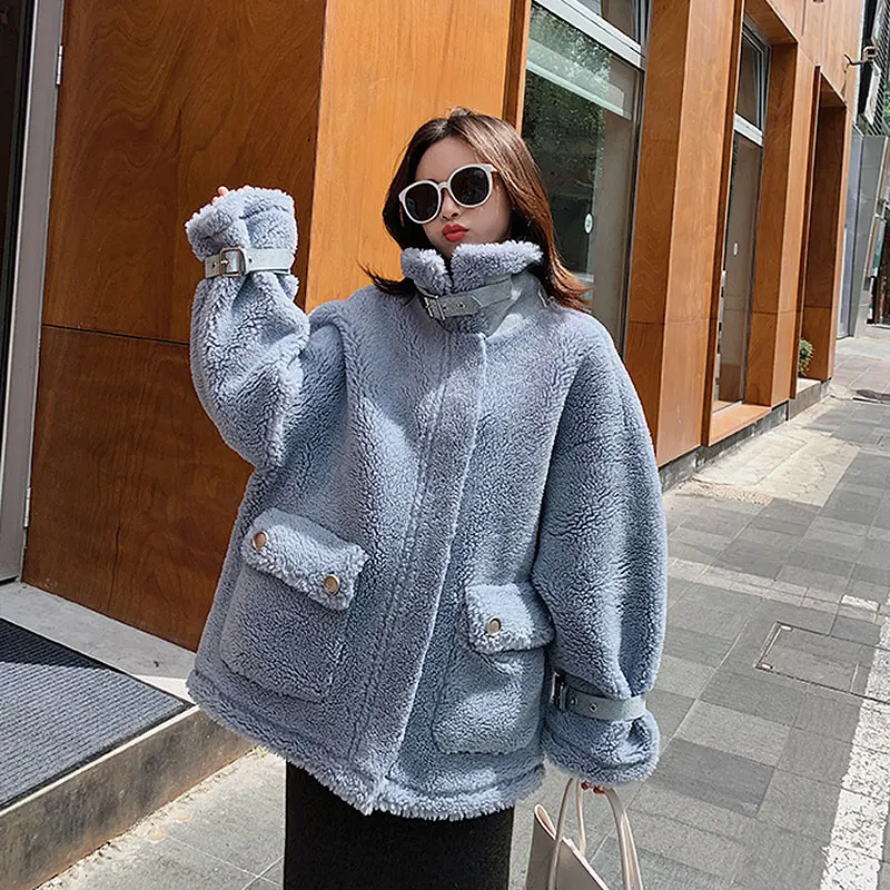 Chic Lambs Wool Women Coat 2021 New Winter Faux Fur Female Plush Locomotive Service Loose Jacket Casual Korean White Oversized