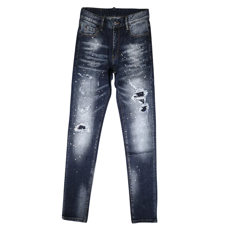 Streetwear Fashion Men Jeans Retro Blue Stretch Slim Fit Ripped Jeans Men Hole Trousers Painted Designer Vintage Pants Hombre