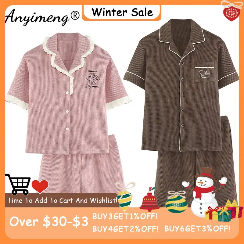 

Новые парные Короткие штаны с коротким рукавом Пижама Трикотажная хлопковая с отложным воротником коричневая и розовая модная Пижама для м...