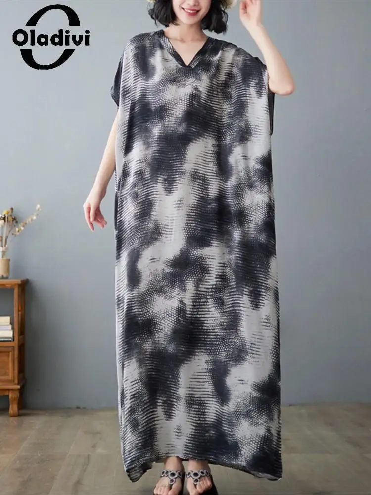 

Oladivi Muslimah Abaya Jubah Large Size Robe & Jubah 2022 Summer Women Fashion Print Casual Loose Oversize Long Tunic Dress 8158