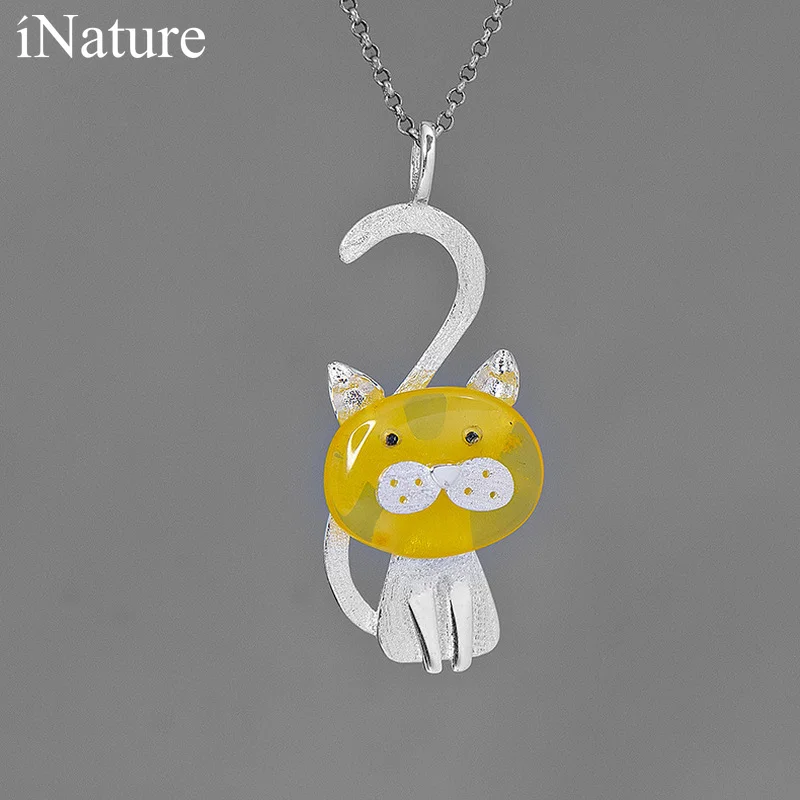 

INATURE Natural Amber Cute Kitty Cat 925 Sterling Silver Necklace For Women Fine Jewelry