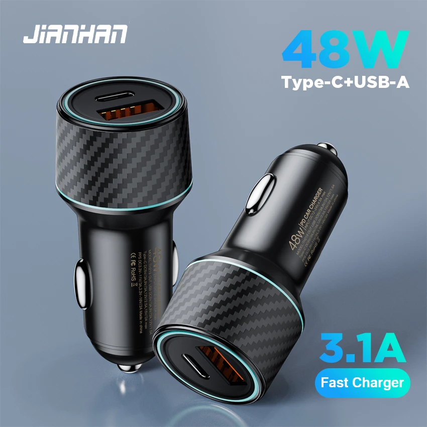 JianHan 48 Вт Автомобильное зарядное устройство 5А Быстрая зарядка типа C 3.0 QC PD SCP USB