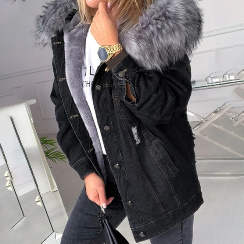 Plush Thick Fur Collar Slim-fit Denim Jacket 2022 New Winter Elegant Warm Single-breasted Mid-length Jacket