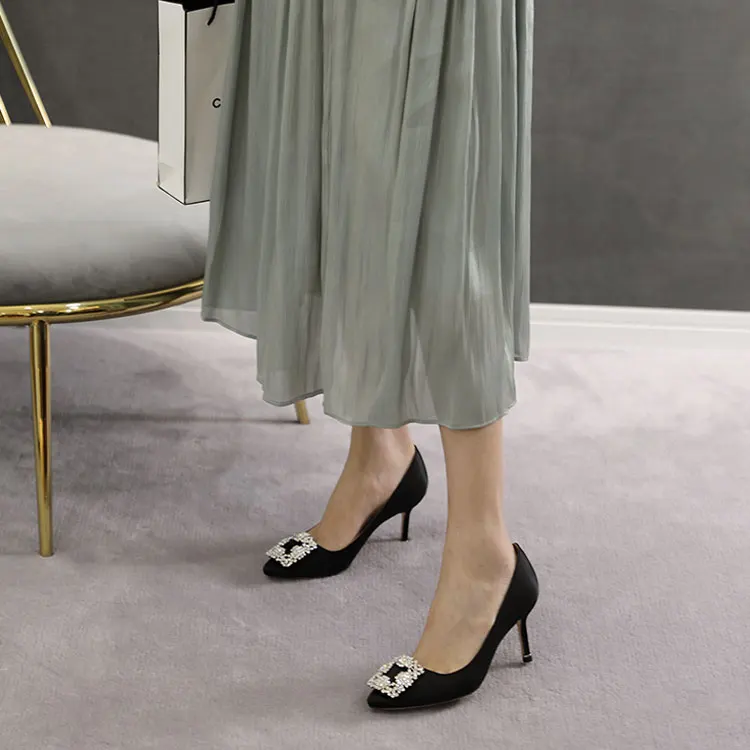 2023 New Shallow Mouth High Heels Female Pointed Square Buckle Rhinestone Stiletto Spring and Autumn Single Shoes Wedding Shoes