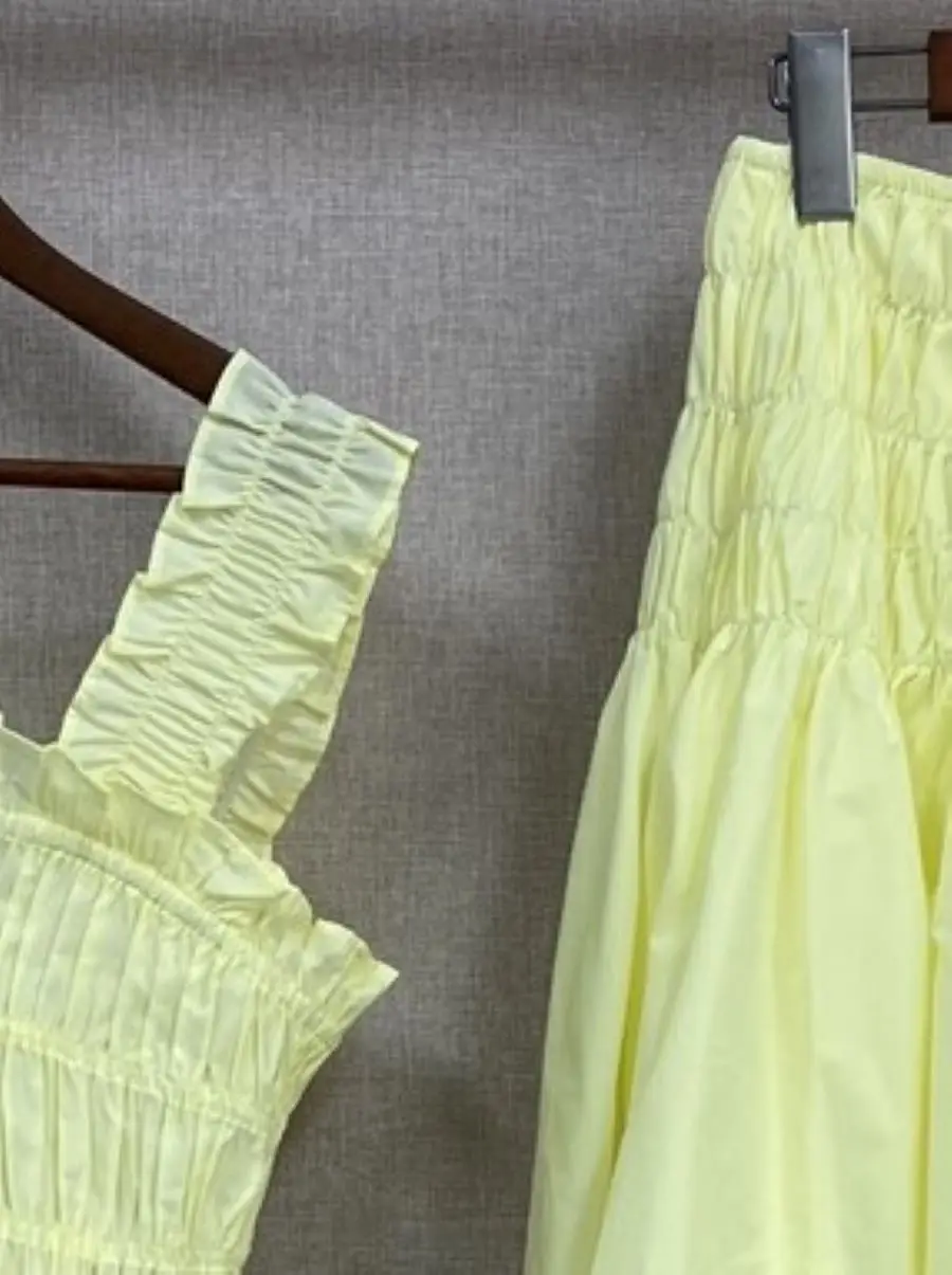 

Women Suit Lace Pleated Square Collar Sleeveless Vest or Elastic Waist Solid Color A-Line Midi Skirt