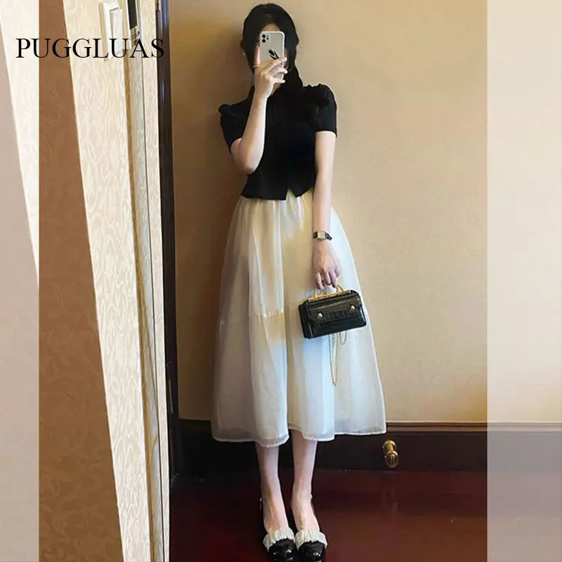 

Summer Casual Women Skirt Sets Elegant Outifits Retro Black Single-breasted Top Mesh White Skirt Set Korean Fashion Hepburn Suit