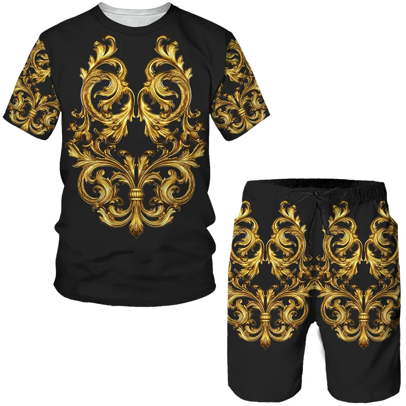 Summer Men Short Sleeve T-shirts Casual Retro Tracksuit  Lion 3D Printed Oversized  Streetwear Suit Fashion  Shorts 2 Piece Set