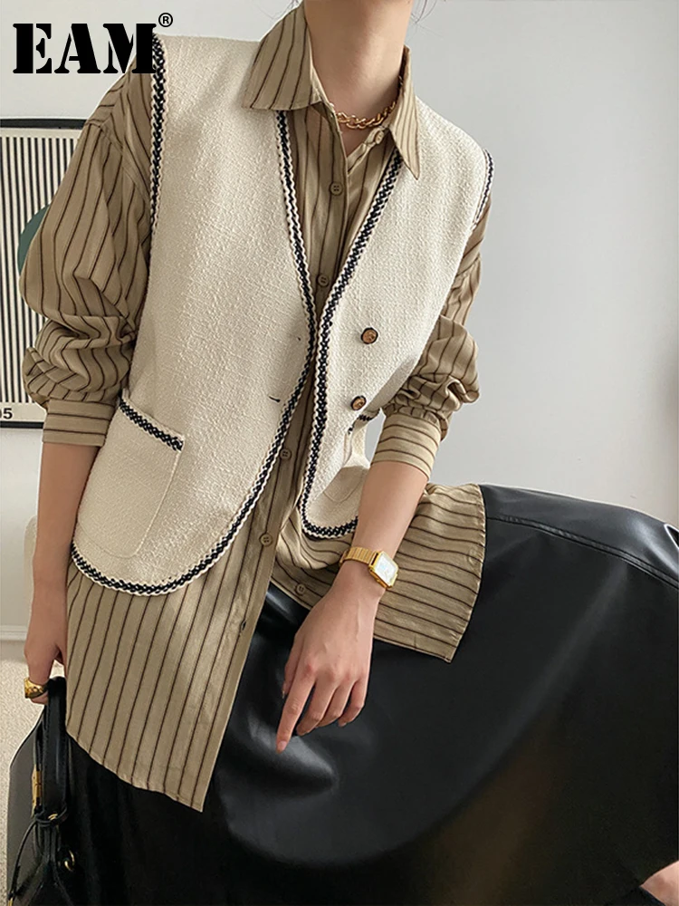 

[EAM] Women Loose Fit Beige Tweed Color-block Elegant Vest New V-collar Sleeveless Fashion Tide Spring Autumn 2022 1DF1739