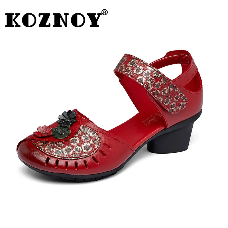 

Koznoy 5cm Retro Genuine Leather Ethnic Comfy Summer Mom Sandals Women Hollow Print Flower High Heel Non Slip Soft Sole Shoes
