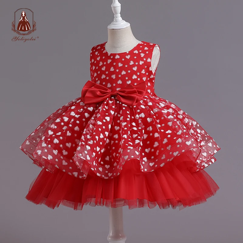 

Yoliyolei V back Christmas Dress Double Layer Heart Dot Design Party Dress For Kids Girl For 3 To 8 Years Birthday Holidays