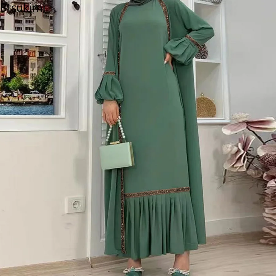 2 Piece Set Muslim Women Hijab Dress Eid Lantern Sleeve Maxi Long Dress Islamic Clothing Caftan Kimono Big Swing Abaya Dresses