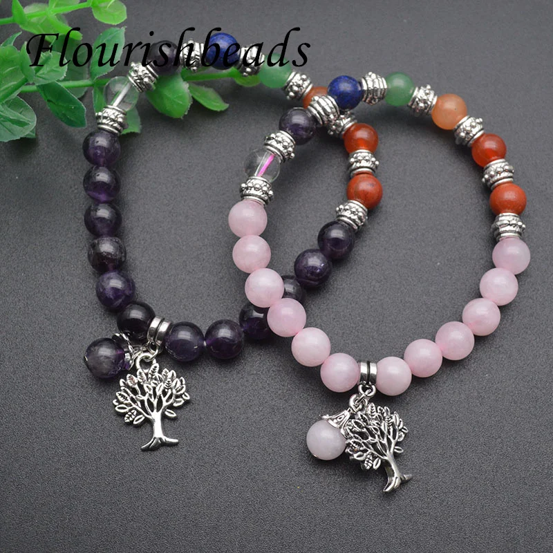 

100% Natural Stone Amethyst Rose Quartz Handmade Life Tree Chain Bracelet for Women Men Jewelry Gifts 5pcs/lot