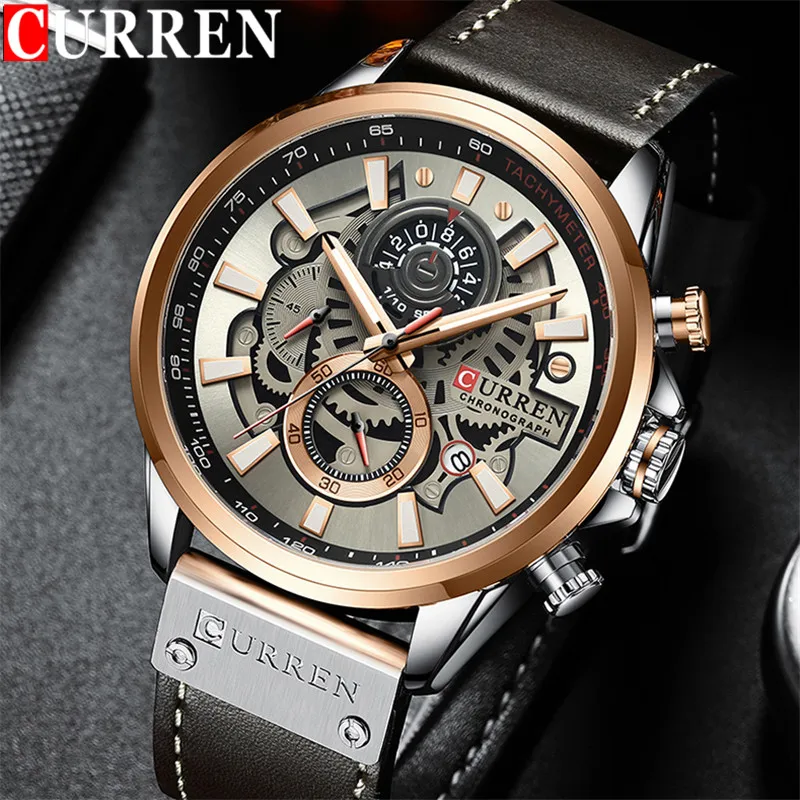

CURREN Man WristWatch Chronograph Sport Men Watch Military Top Brand Luxury Rose Gold Genuine Leather Calendar Male Clock 8380