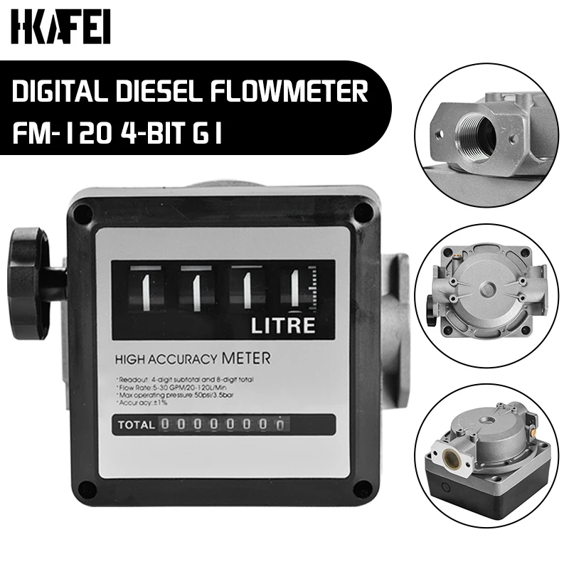 

FM-120 4 Digital Gasoline Fuel Petrol Oil Flow Meter 20-120L/Min for Diesel Fuel Oil Flow Sensor Counter Gasoline Meter Display