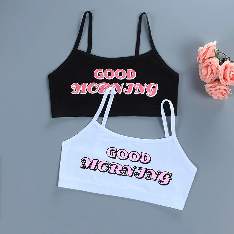 

Kids Girl Cotton Sport Training Bra Letter Print Black White Teenage Underwear Wireless Cotton Bralette Crop Top Small Vest